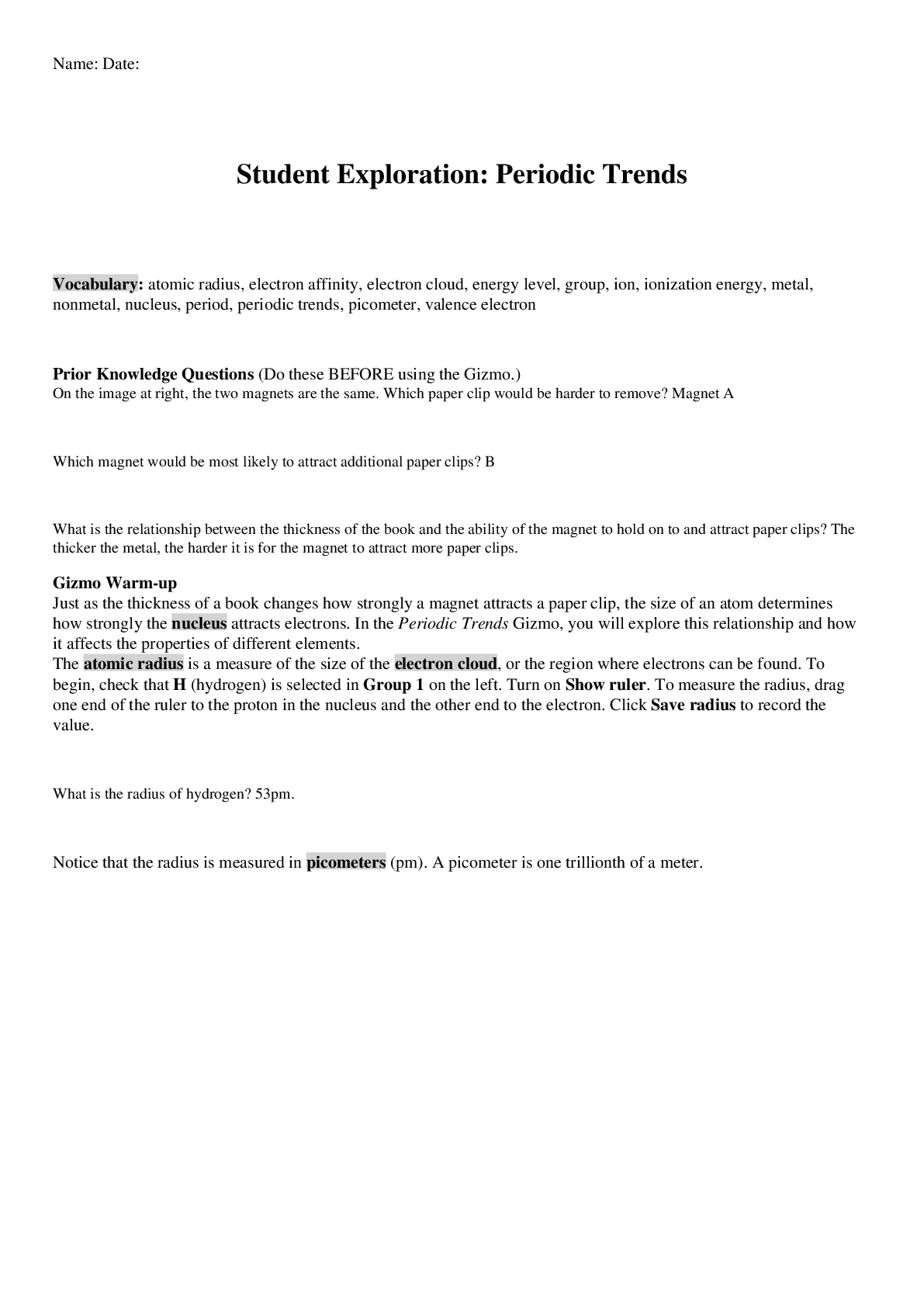 Preview image for Lab Experiment > Student Exploration: Periodic Trends